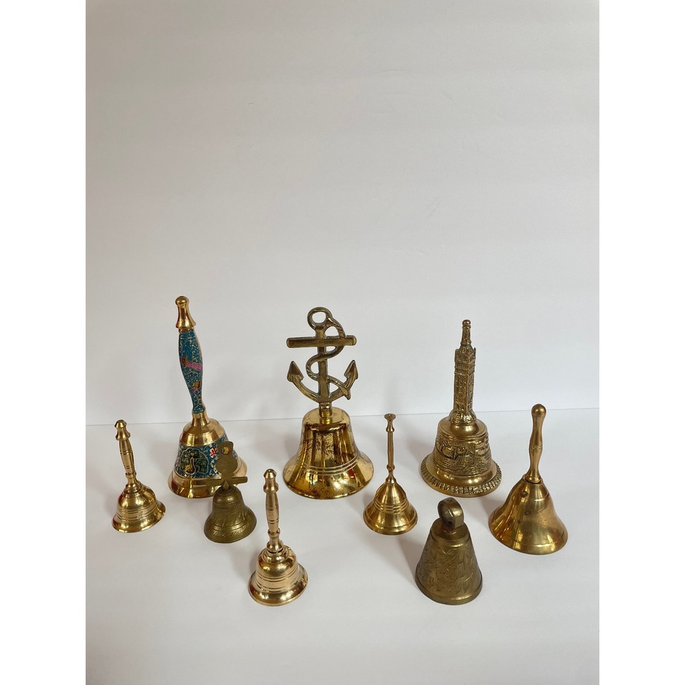 Vintage Brass Bell Collection 9pc Set Anchor Tower Pisa Cloisonne Nautical Decor